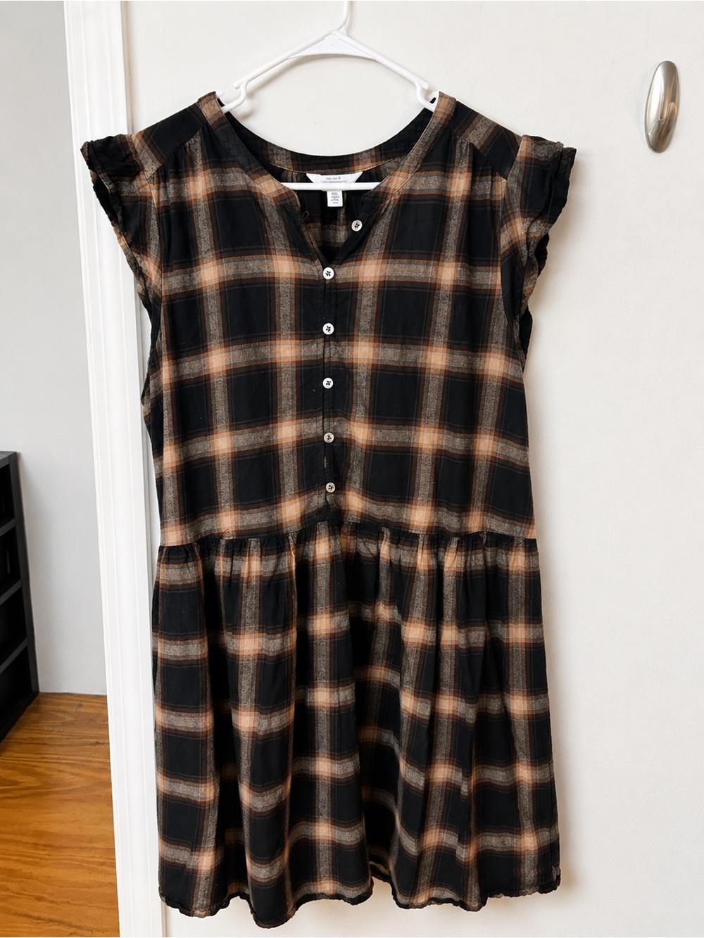 Time and Tru Black & Tan Plaid Midi Button-Front Dress